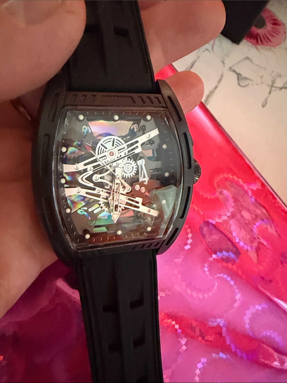 Black Skeleton Dial Sport Watch with Black Ring new